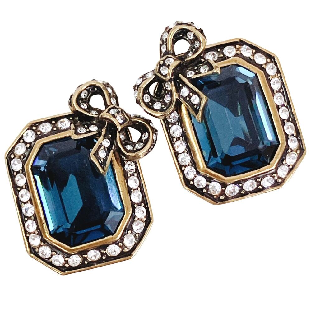 Vintage Signed Heidi Daus Blue Glass Bow Clip On Earrings Rhinestone Collectible